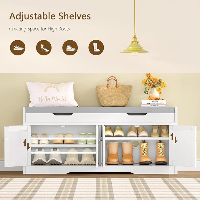 usikey 3-Tier Storage Bench, 47.2" Wide Shoe Bench with Lift Top Storage & 2 Adjustable Shelves, Entryway Bench with Padded Seat Cushion, 4 Doors, Shoe Cabinet Bench for Entryway, Living Room, Bedroom
