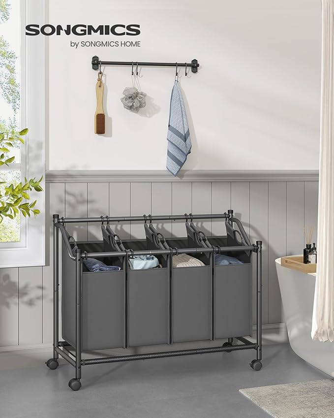 SONGMICS Rolling Laundry Sorter Basket with 4 Removable Bags, Laundry Hamper Cart, for Bedroom, Bathroom, 4 x 11.9 Gallons, Slate Gray URLS103G01