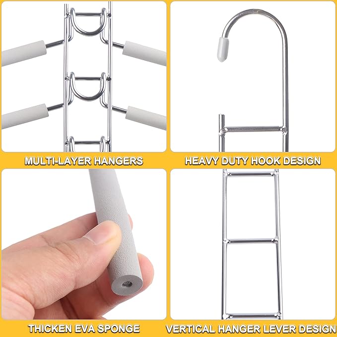 Clothes Hanger Space Saver: 2 Pack 5 in 1 Multiple Hangers for Clothes Non-Slip Foam Padded Heavy Duty Hanger Closet Organizer Storage | Set of 2 Multi Shirt Hanger