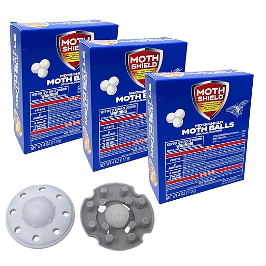 3 Pack Original Old Fashioned Moth Balls Kills Clothes Moth Carpet Beetles Repellent Closet No Clinging Odor (Approx:75 Balls) with 6 Moth Ball Cases, White