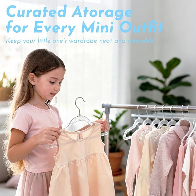 20-Pack Kids Glitter Clothes Hangers – Sparkly Non-Slip 12.5in (32cm) Slim Hangers for Nursery Closet Organization, Silver Glitter with Matching Hook