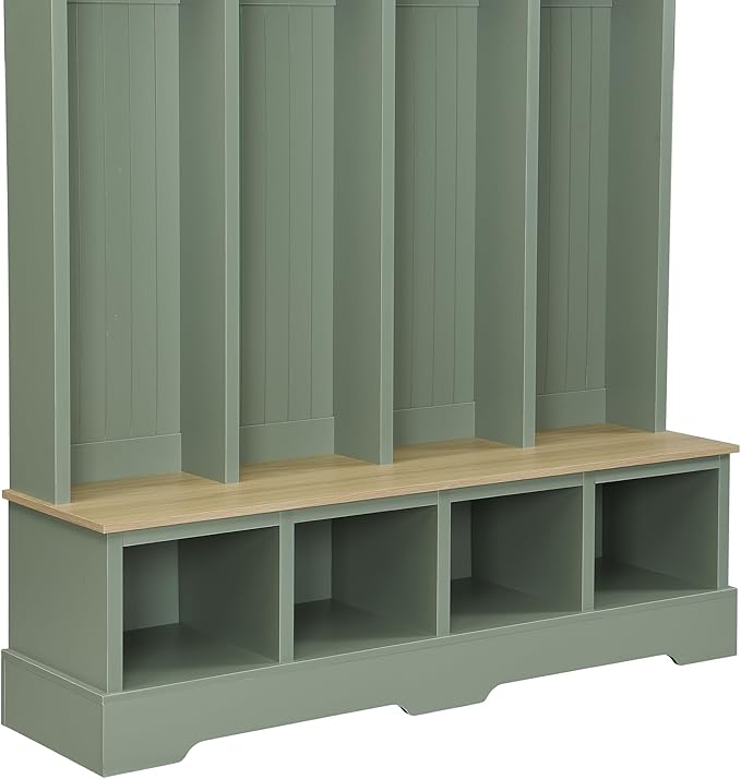 Farmhouse 59" Wide Hall Tree with 8 Hanging Hooks, Wood Grain Bench with Open Compartments, 76.7" H Entryway Shoe Rack Coat Hanger for Living Room Mudroom Hallway (Green-8.26)