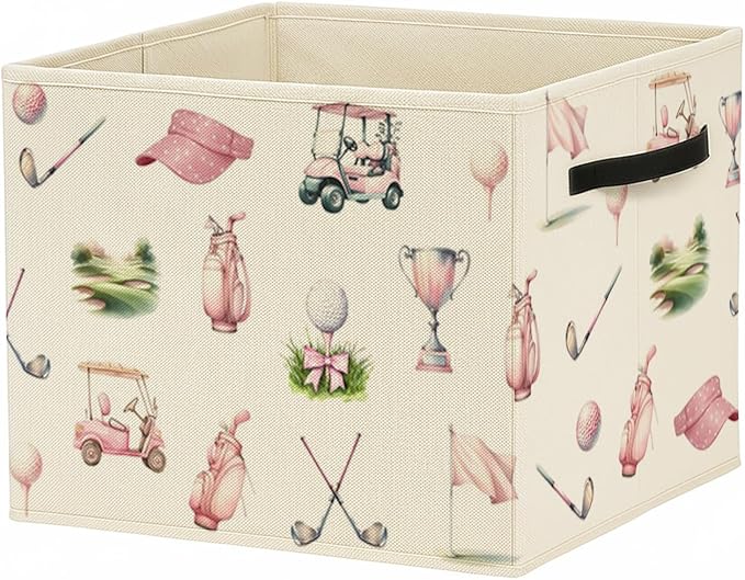 Pink Bow Golf Storage Bin Box with Handles, Golfers Golf Lovers Gifts Foldable Baskets Organizer for Girls Room Nursery Bathroom Home Sports Room Clothes Toys Books, Toybox for Girls