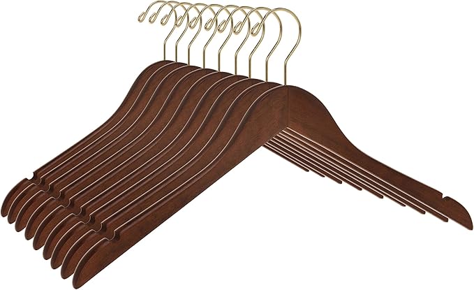 Quality Semi Curved Wooden Suit Hangers, 10-Pack Smooth Finish Solid Wood Coat Hanger with Swivel Hook, Jacket, Pant, Dress Clothes Hangers (Walnut - Gold Hook, 10)