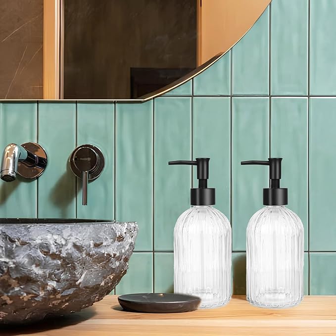 Clear Glass Soap Dispenser with Pump, 13.5oz Glass Striped Hand Soap Dispenser, Refillable Hand Liquid Dispenser Set for Modern Home Decor, Bathroom, Kitchen Countertop, Dish Soap, Lotion (2 Pack)