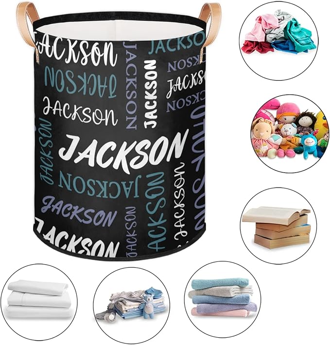 Custom Name Large Laundry-Basket for Kids-Boys-Girls, Personalized Foldable Waterproof Laundry Hamper Dirty Clothes Toys Storage Bin with Handles,Black