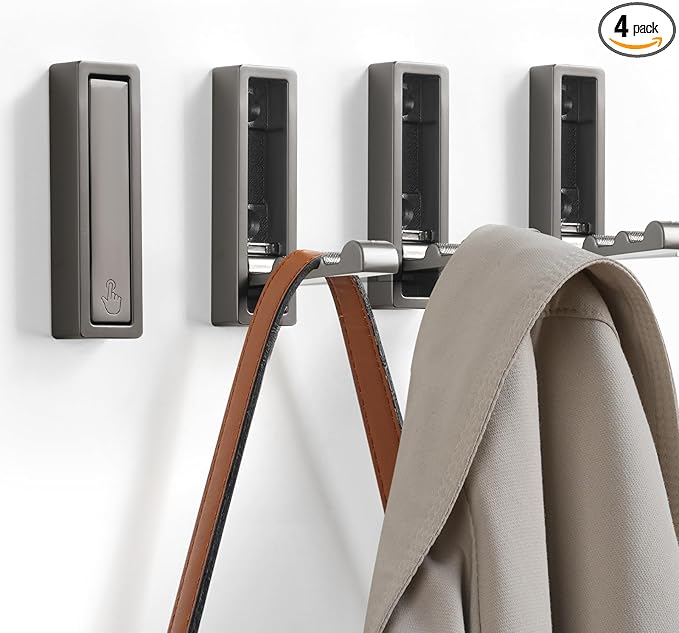 Folding Wall Hook, 4Pcs Foldable Coat Hooks Mounted, Heavy Duty Zinc Alloy No Rust Fold Up Hooks for Hanging Coat, Towel, Key, Hat, Bag, Jacket, Backpack (Gray)