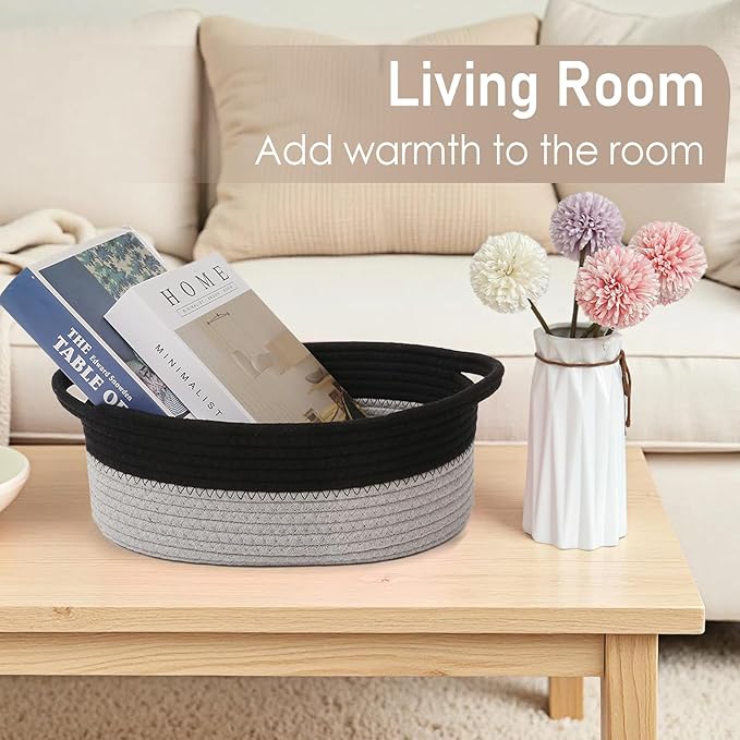 Woven Basket,Small Rope Storage Bin with Handles & Ribbon Bag, Organizer for Shelves Closets,Gift Basket Empty for Birthday,Books,Dog Toys, Black&Grey