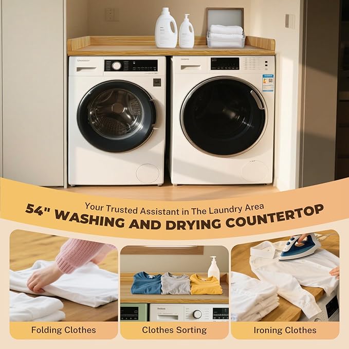 FAHKNS Washer Dryer Countertop - Wood Laundry Washer Dryer Topper with Anti-Slip Mat, 54" Width Waterproof Laundry Room Organization, Light & Save Space, Oak