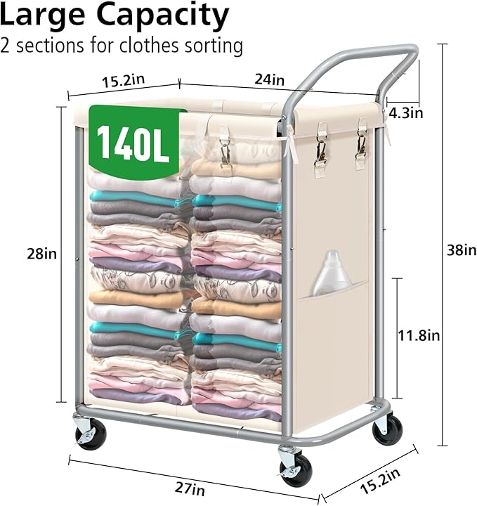 Laundry Hamper 2 Section, Rolling Laundry Basket with Wheels, Laundry Cart with Removable Liner, 37 Gallons (140L) Clothes Hamper, Blanket Dirty Clothes Basket Steel Frame with Handle(Beige)