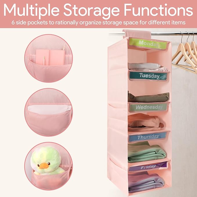 5-Shelf Weekly Clothes Organizer for Kids, Collapsible Hanging Closet Shelves, Baby Closet Organizers and Storage with 6 Side Pockets, Daily Clothing Divider for Boys and Girls (Pink)
