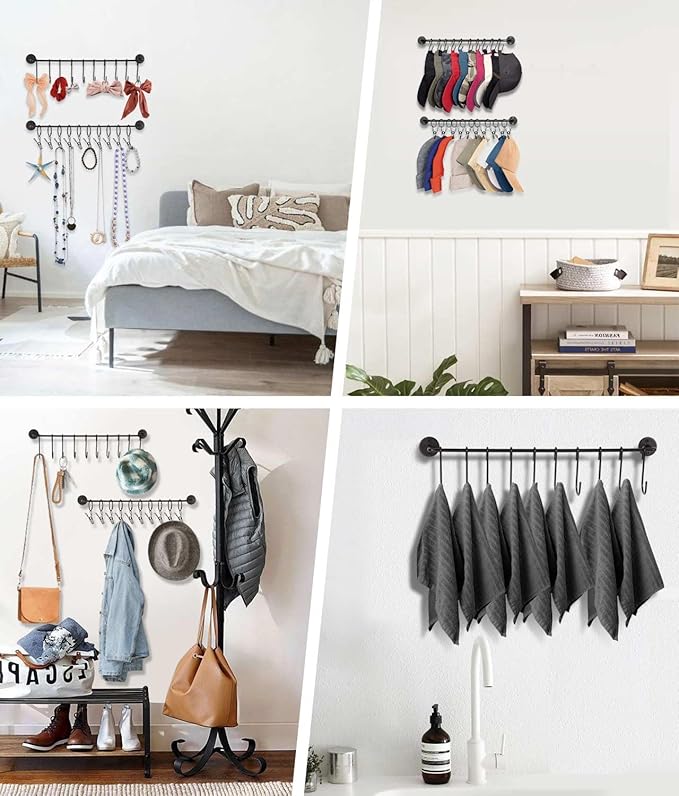 Livelab Hat Rack for Wall, Hat Organizer for Baseball Caps with 10 Hooks+10 Clips, 2 Pack Modern Metal Hat Storage Wall-Mounted Hanger Holder for Closet Door Bedroom Entryroom