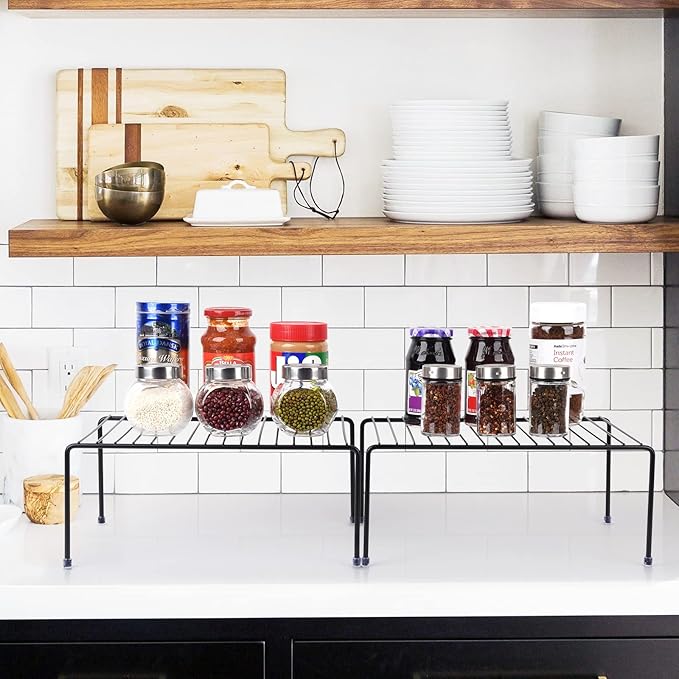 SIBAO Kitchen Cabinet Storage Shelf Rack/Plastic Feet - (13.1 x 10.2 Inch) - Steel Metal - Rust Resistant Finish - Cups, Dishes, Cabinet & Pantry Organization (2, Black)