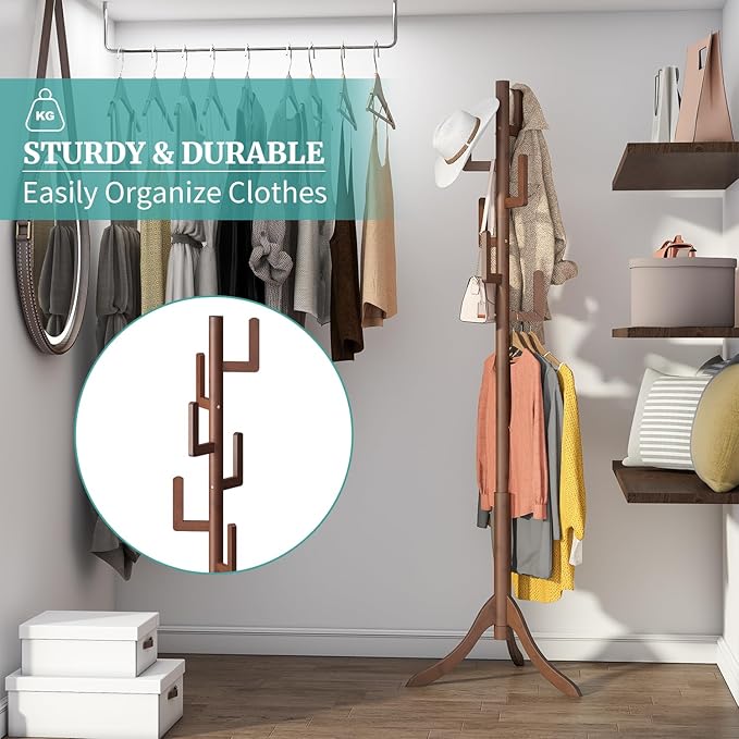 Coat Rack Freestanding, Bamboo Cactus Coat Stand, Adjustable Height Wooden Coat Tree with 6 Hooks, kids coat rack, Used In The Bedroom Living Room, Office To Hang Clothes, Hats, Bags