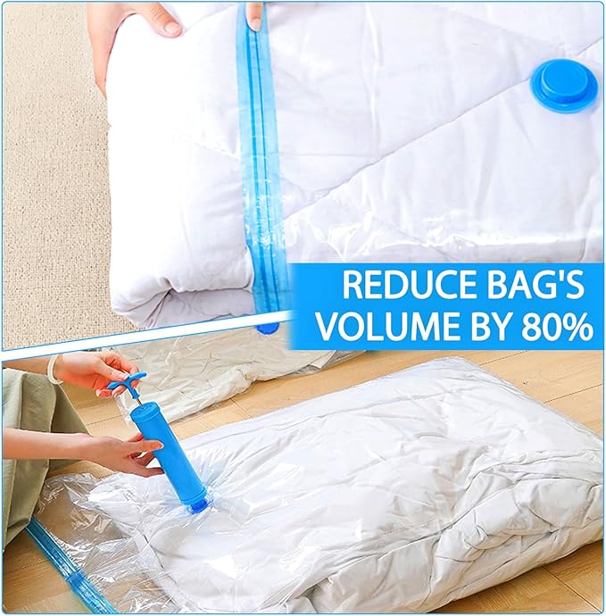 8 Pack Jumbo Vacuum Storage Bags, Vacuum Seal Bags for Clothing with Hand Pump, 80% Space Saver Bags for Clothes, Pillows, Comforters and Blankets, Home Travel Essentials