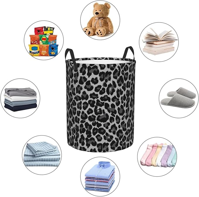 Grey Leopard Round Laundry Hamper Cheetah Gray Storage Basket Toys Clothes Organizer Bin For Home Bathroom Bedroom Dorm Nursery, 62l
