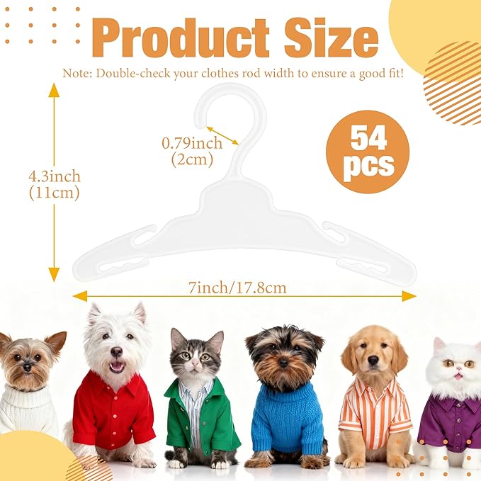 54 Pcs Dog Clothes Hangers 7 Inch White Plastic Pet Clothes Hanger with Anti-Slip, Pet Clothes Hangers Suitable for Dog, Cat Clothes, Small Pet Clothes, Pet Wardrobe Organization Hangers