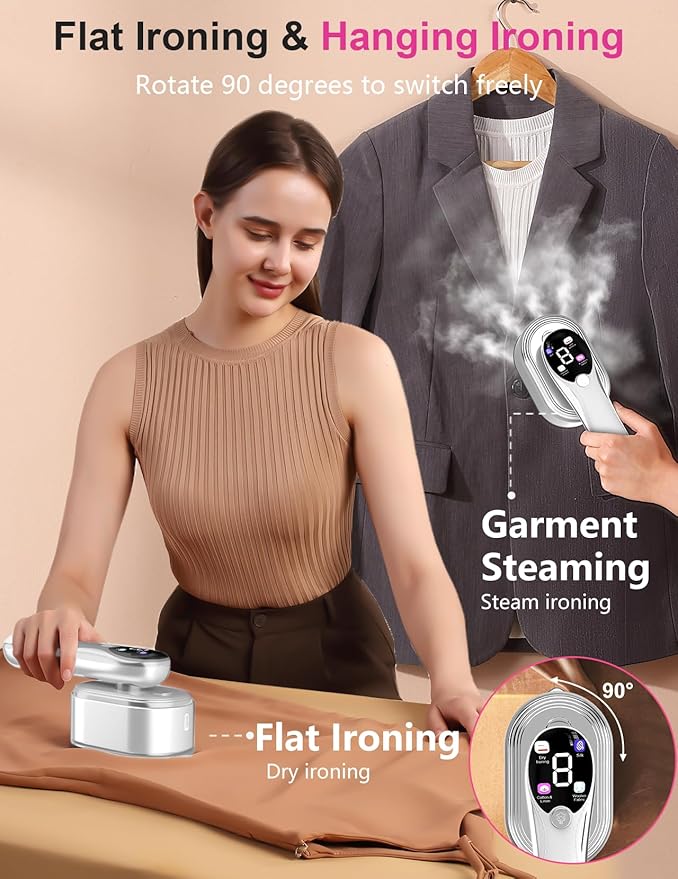 Travel Steamer for Clothes, 1200W Portable Handheld Steamer for Clothes, Portable Steam with LCD Display, 10s Fast Heat-Up, 2-in-1 Powerful Wrinkle Remover for Home & Travel (White)