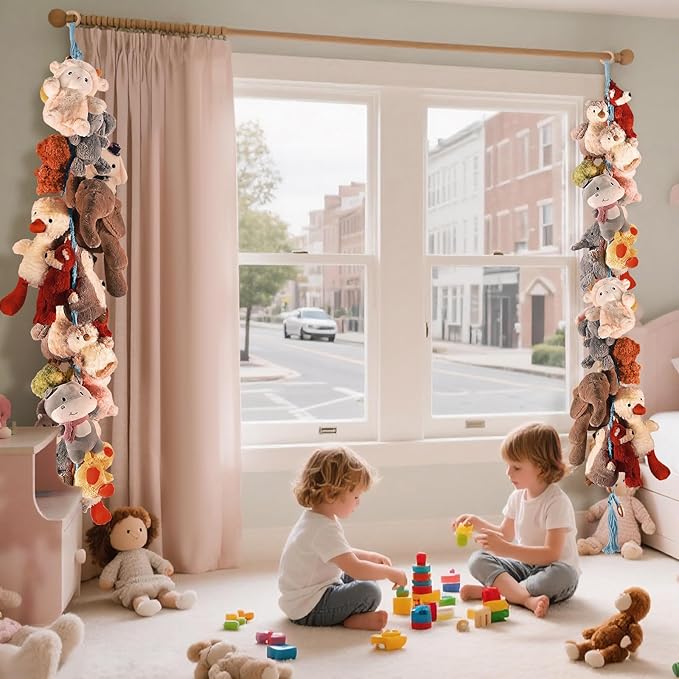 80" Cotton Hanging Storage Chain For Stuffed Animals Storage with 20 Metal Clips, Stuffed Animal Organizer Chain for Wall Corner Nursery Play Room, Baby Blue