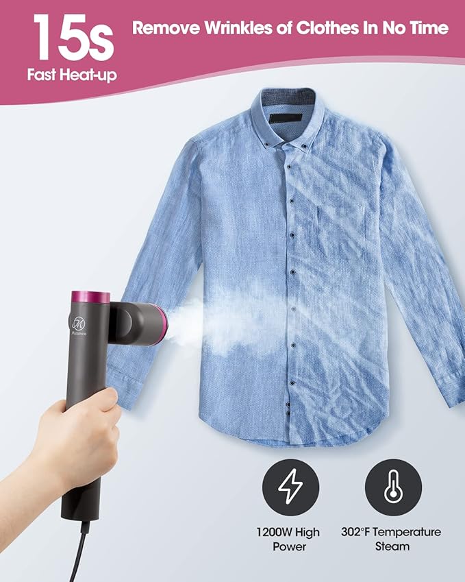 Travel Clothes Steamer, Powerful 1200W Handheld Garment Steamer, 15s Fast Heat-Up & 10-Min Continuous Steam, Mini Portable Iron with 5-in-1 Wrinkle Remover Kit (110V Only)