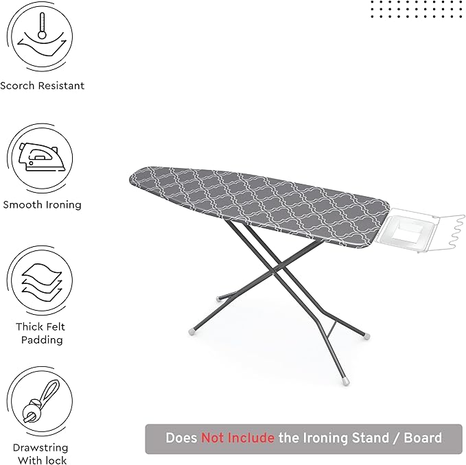 Encasa XO Ironing Board Cover and Pad 54"x18" - Thick 3mm Felt Padding, Drawstring Tightening & Lock, Easy Fit, Scorch & Stain Resistant, Fits X-Large Ironing Board - Grey Tiles