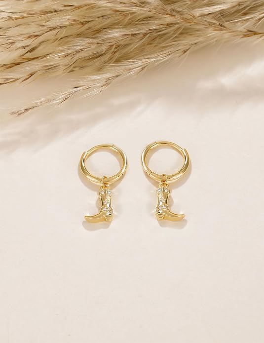 Mameloly Cowgirl Earrings for Women CZ 14K Gold Plated Western Cowboy Hat Dangle Hoop Earrings Cute Jewelry Hypoallergenic