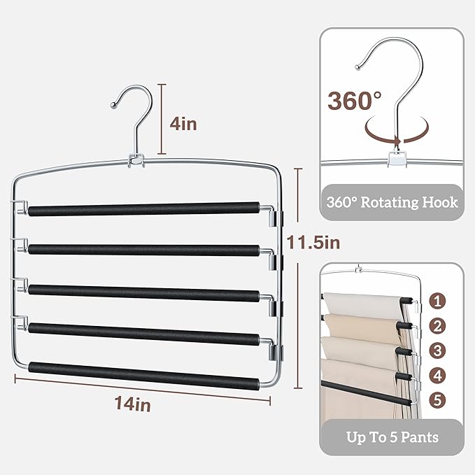 SINDAX Pants Hangers Space Saving - 2Pack, 5 Layers Space Saving Hangers, Sturdy Stainless Steel Pant Rack with Anti-Slip Swing Arm, Closet Organizers and Storage for Trousers Jeans