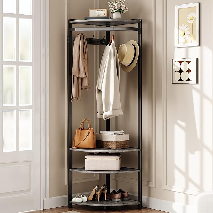 Hallway Coat Rack with 6 Double-Row Hooks and 4 Storage Shelves – Multifunctional Clothes Rack and Shoe Organizer Perfect for Entryway, Hallway and Closet, Rustic Gray & Black