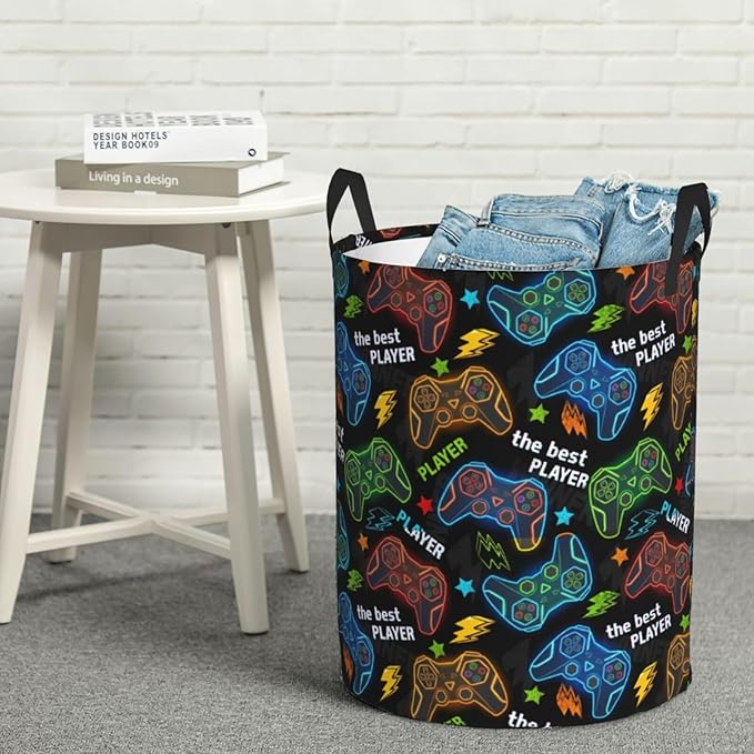 Game Round Laundry Hamper Gaming Gamer Storage Basket Toys Clothes Organizer Bin For Home Bathroom Bedroom Dorm Nursery, 62l