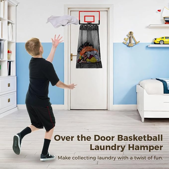 Over the Door Basketball Laundry Hamper, Hanging Laundry Basket with Basketball Hoop, Basketballs Laundry Hamper with Zipper, Removable Basketballs Hoop Laundry for Room Bathroom (Red)