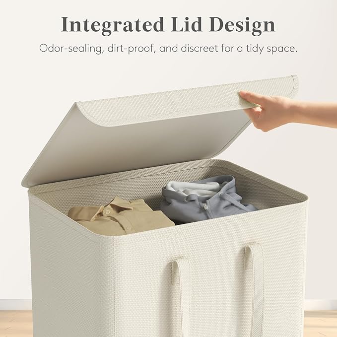 Lifewit Thin Laundry Basket with Lid, Slim Laundry Hamper, Dirty Clothes Hamper with Handles for Laundry Room Bedroom Closet, 104.5L White, 16.5"L x 12.6"W x 29.5"H