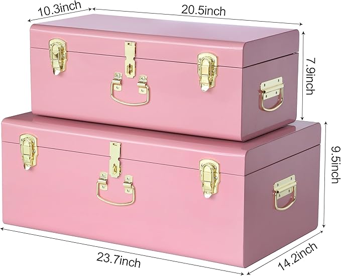 Vixdonos Decorative Large Metal Box Storage Trunk Chest Set of 2 College Dorm Organizer with Hardware Hasps and Handle for Home Deocr,23.7X14.2X9.5 Inches,Deep Pink