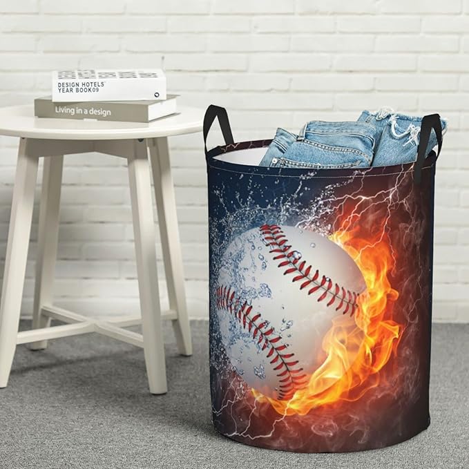 Dujiea Baseball in Fire and Water Laundry Basket Round with Handle, Collapsible Foldable Canvas Storage Bin Dirty Clothes Bag for Laundry/Toys Organizer/College Dorm/Nursery/Decor(2 Sizes)