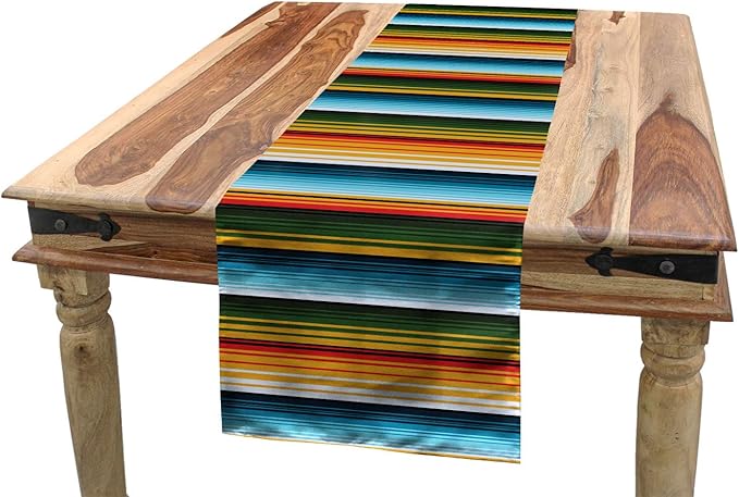 Lunarable Striped Table Runner, Mexican Inspirations in Hand Made Horizontal Lines Woven Ornamental Style, Dining Room Kitchen Rectangular Runner, 16" X 90", Dark Teal Off White