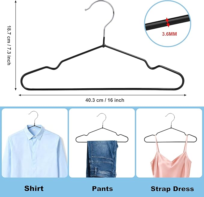Quality 16-Inch ClosetMax Metal Non-Slip Hangers – 50-Pack – Thin 3.6MM Space Saving with PVC Rubber Coating, Anti-Rust, Chrome Hook – for Everyday Lightweight Clothing (50, Black, 16 Inch)