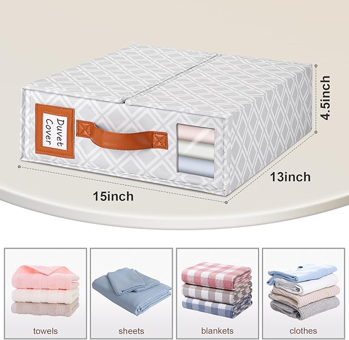 6 Pack Bed Sheet Organizers and Storage, (King & Queen Size) Sheet Organizer for Linen Closet, Foldable Bedding Storage Box with Window for Bedsheets, Duvet Cover and Pillowcase (Light Printed 6 Pack)