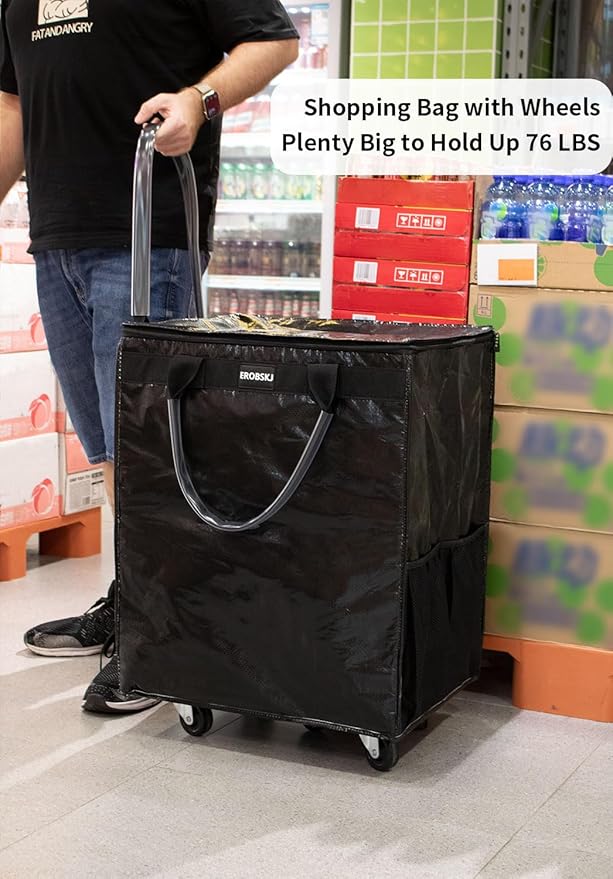 (Large,Black) Reusable Grocery Bag on Wheels, Foldable Rolling Tote, Carries Up to 76 lbs Shopping Trolley, Zipper Clouser Shopping Carts for Trips, Laundry, 5 Heavy Duty Wheels and 3 Handles