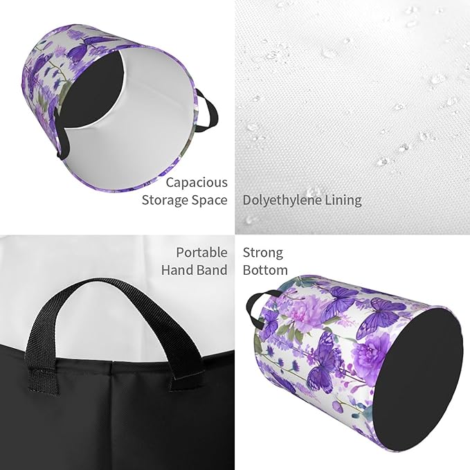 Purple Butterfly Pattern Laundry Hamper, Collapsible Organizer Basket for Bathroom,Laundry,Bedroom 19.6 x15.7 Inch