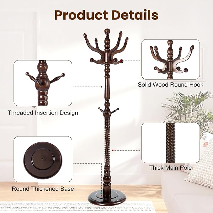 Freestanding Coat Rack with 11 Hooks, Sturdy Wooden Hall Tree for Entryway, Heavy-Duty Disc Base for Hats, Jackets, Bags, Easy Assembly for Bedroom, Hallway, Office