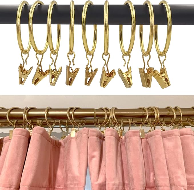 40 Pack Gold Curtain Rings with Clips, Curtain Hooks Hangers Clip Rings for Hanging Drapes Bows Hat, Drapery Rings 1.77 in I D, Fits up to 1.5 in Diameter Curtain Rod.