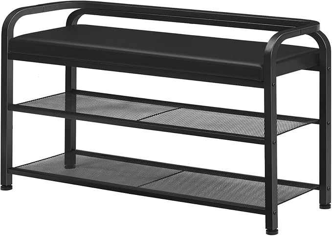 Shoe Bench with Backrest, Entryway Bench, 2-Tier Shoe Rack with PU Padded Seat, Upholstered Shoe Storage Bench with Back, for Hallway, Entryway, Foyer, Bedroom, Black HX14BB