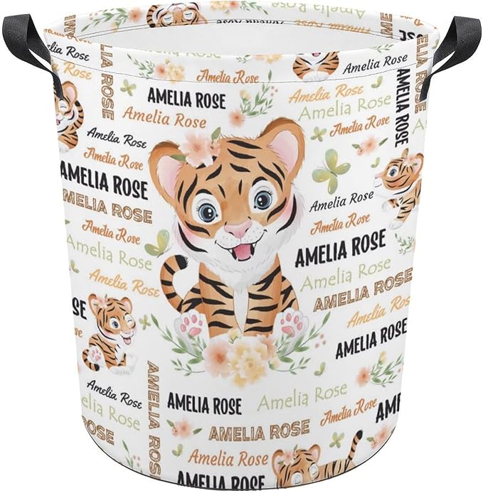 Tiger Laundry Basket,Personalized Laundry Hamper for Boys Girls,Custom Laundry Basket With Name, Customized Dirty Clothes Hamper for Bathroom Bedrooms,S-16.5"X 13.8"