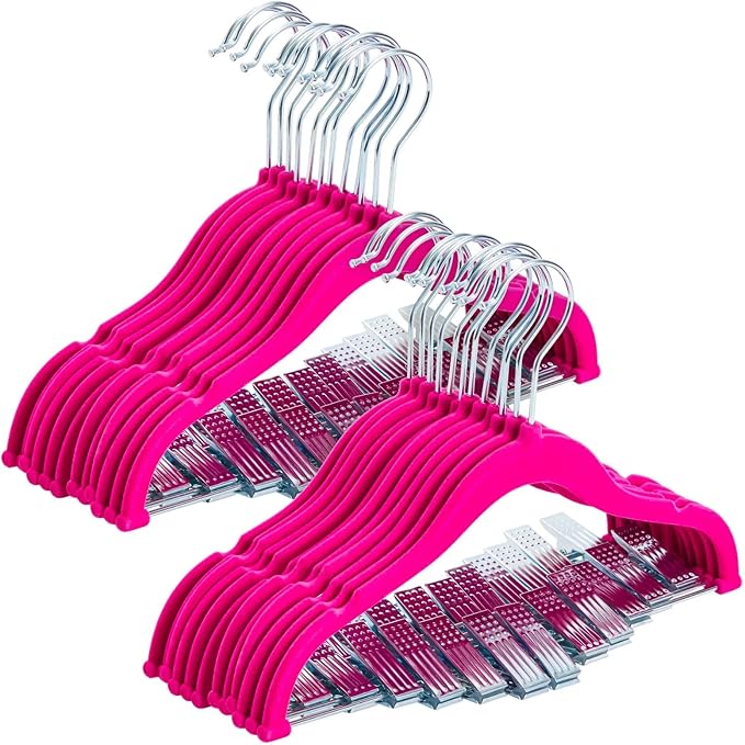 Juvale Kids Hangers with Clips - 12 in, Hot Pink, Velvet, 24 Pack - Nonslip & Space Saving Pink Hangers with Clips & 360° Swivel Hooks