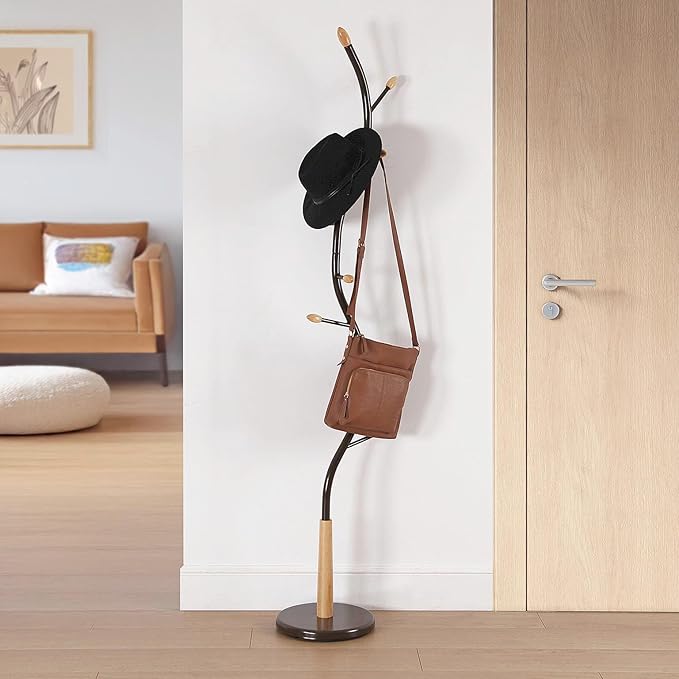 Versa Swindon Minimalist Style Floor Coat Rack, with 9 Hooks or Hangers for Clothes or Bags for the Hallway, Measurements (H x L x W) 180 x 30 x 30 cm, Metal, Bronze Color