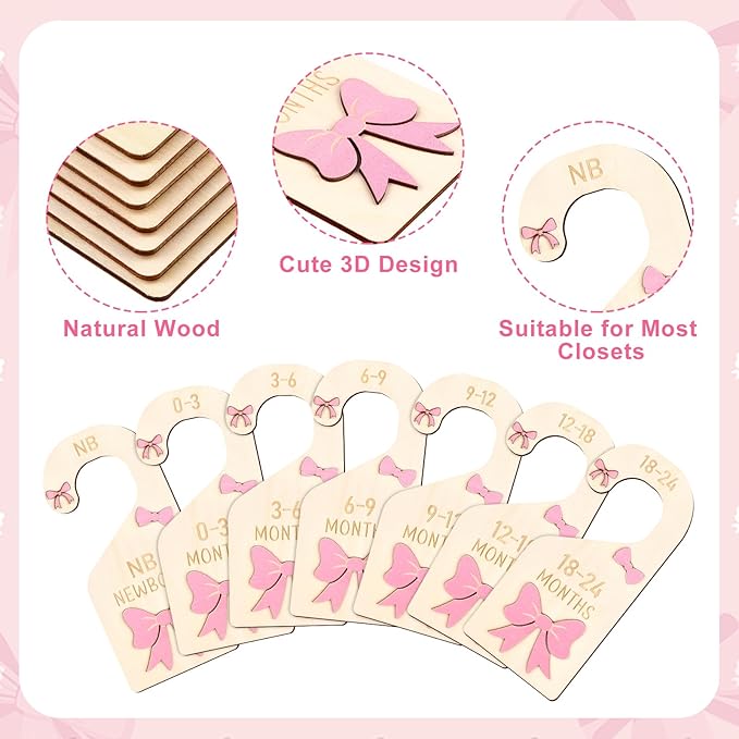 7pcs Coquette Pink Bow Baby Closet Organizer 3D Pink Bow Baby Wood Closet Dividers Double-Sided Infant Wardrobe Hanger Organizer Infant Clothes Size Dividers Hanger Organization Nursery Decor
