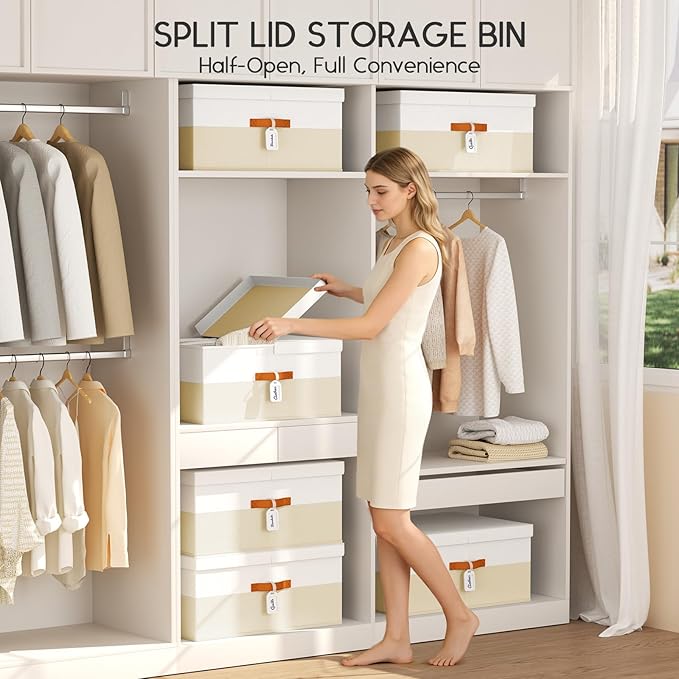 Extra Large Storage Bins - 4 Pack Closet Storage Boxes with Double-Open Lid & Divider Board, Stackable Colthes Storage Organizer, Fabric Basket with Label Tag for Home, Laundry