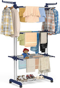 Bigzzia Clothes Drying Rack, 67.7 Inch Laundry Drying Rack with Foldable Base, 4 Tier Stainless Steel Drying Rack Clothing, Movable Laundry Rack for Indoor Outdoor-Blue