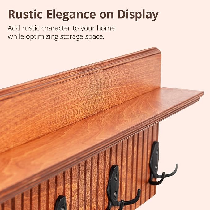 Rustic Wall Mounted Coat Rack with Shelf Wooden Entryway Organizer with 5 Metal Hooks for Coats Hats Towels Keys Floating Storage Shelf for Bathroom Bedroom (Mango Oxide, 45 inch Striped 8 Hooks)