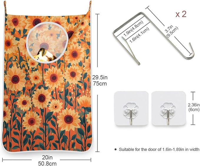 Orange Sunflowers and Poppy Flowers Door Hanging Laundry Hamper Bag with Free Adjustable Stainless Steel Hooks Dirty Clothes Hamper Extra Large Over the Door Laundry Hamper 29.5X20inch 2Pack