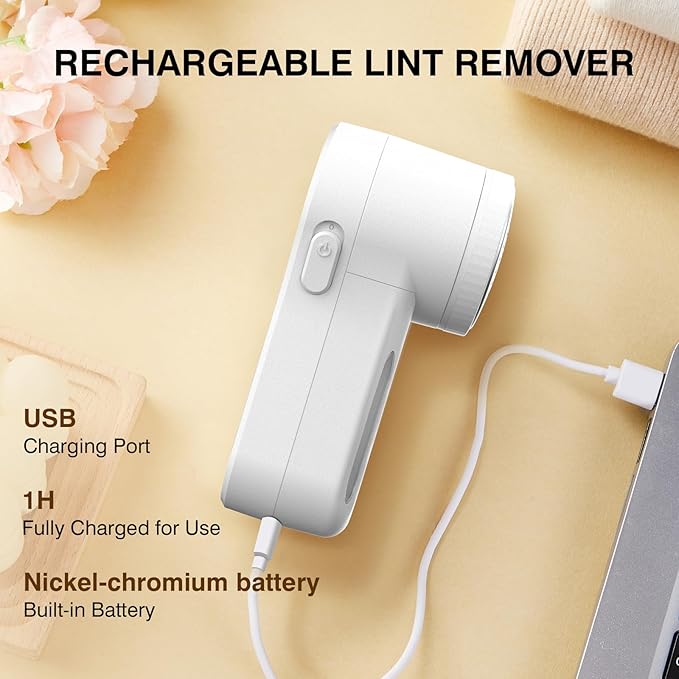 Fabric Shaver, Lint Remover Rechargeable, Electric Portable Sweater Defuzzer Digital LED Display to Remove Pilling for Clothes, Furniture, Sweater, (White with Three Shaver Blades)